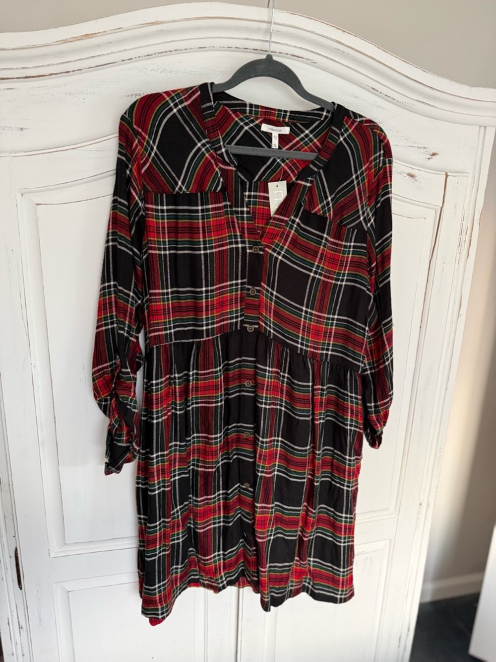 NWT Women's Black and Red Plaid Button-Front Dress